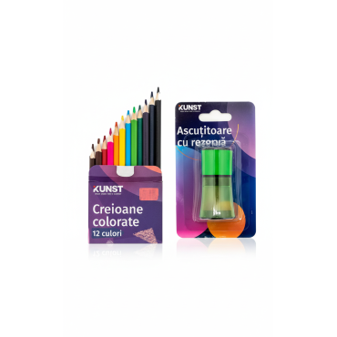 SET KUNST Creioane Colorare 12 buc si Ascutitoare cu Rezerva