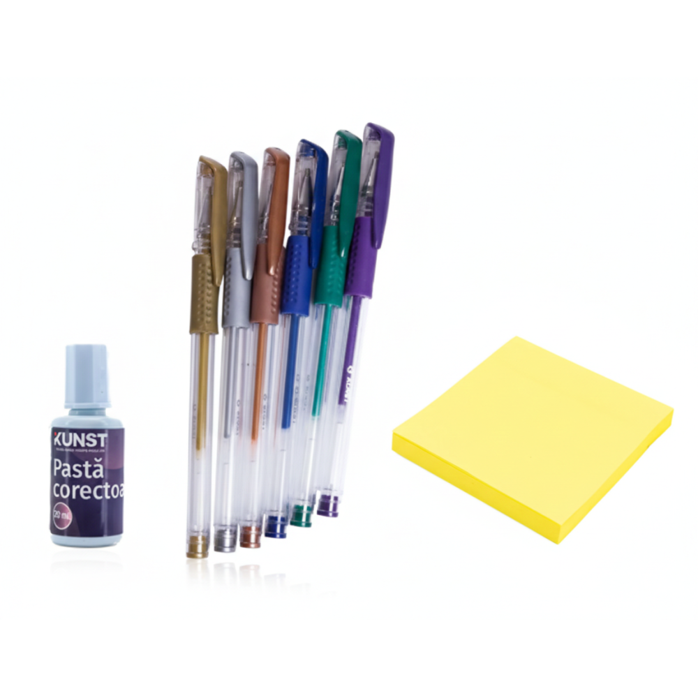 SET KUNST Pixuri cu Gel Metalic, Pasta Corectoare si Notite Adezive