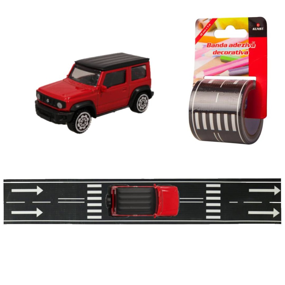 SET Masinuta MSZ Suzuki Jimny 2018 1:48 Rosu si banda KUNST adeziva Trafic